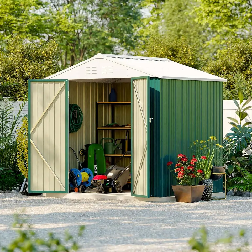 Patiowell Outdoor Storage Shed s 8x6 ft, záhradné náradie s sklonenými strechami a uzamykateľnými dverami pre záhradu a terasu (zelená)