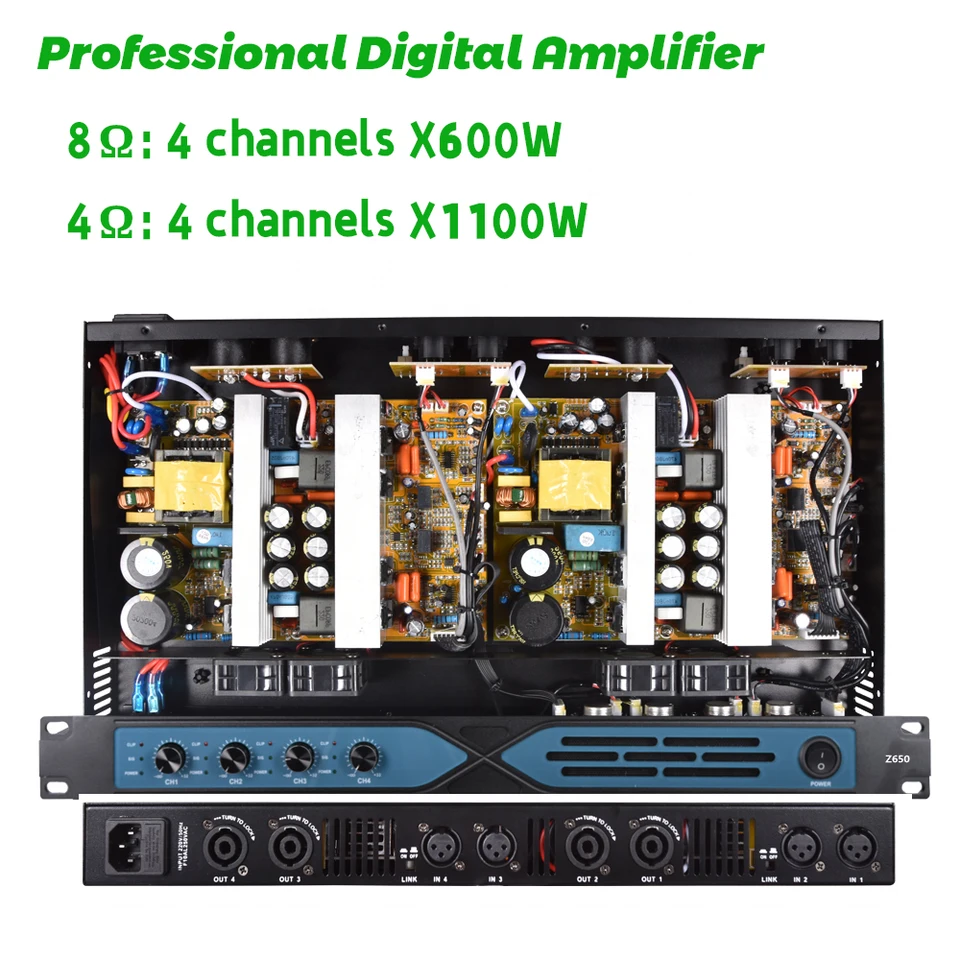 Paulkitson P650 Profesionálny digitálny výkonový zosilňovač 4x600W Audio stereo trieda D Zosilňovač pre domáci karaoke subwoofer DJ