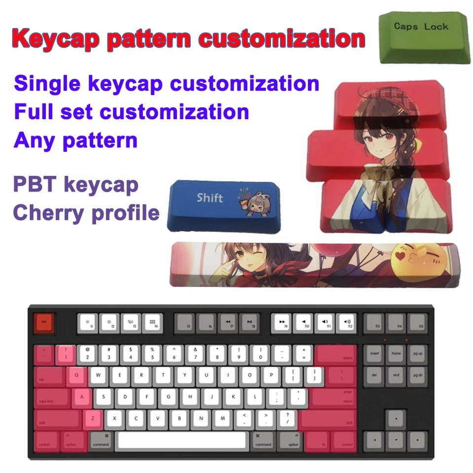 PBT sublimačný kreslený znak kľúča kľúča Vlastný vzor Veľký kľúč Vlastná mechanická klávesnica čerešňový profil Keycap Výroba