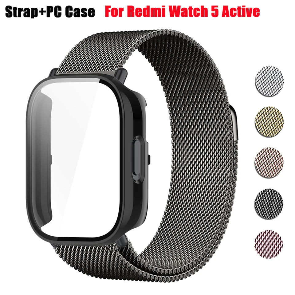 PC puzdro+kovový remienok pre Xiaomi Redmi Watch 5 Active Screen Protector pre Xiaomi Redmi Watch 5 Active Milanese Magnetic WatchBand