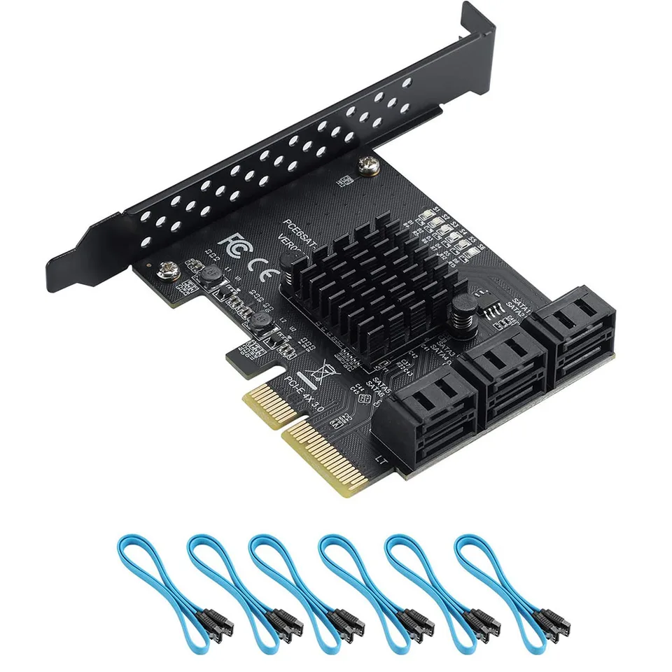 PCIe 4x 1x Card SATA Card 6 portov, 6 GBPS SATA 3.0 PCIE Card, PCIe na expanznú kartu SATA, bez náteží, so 6 káblami SATA