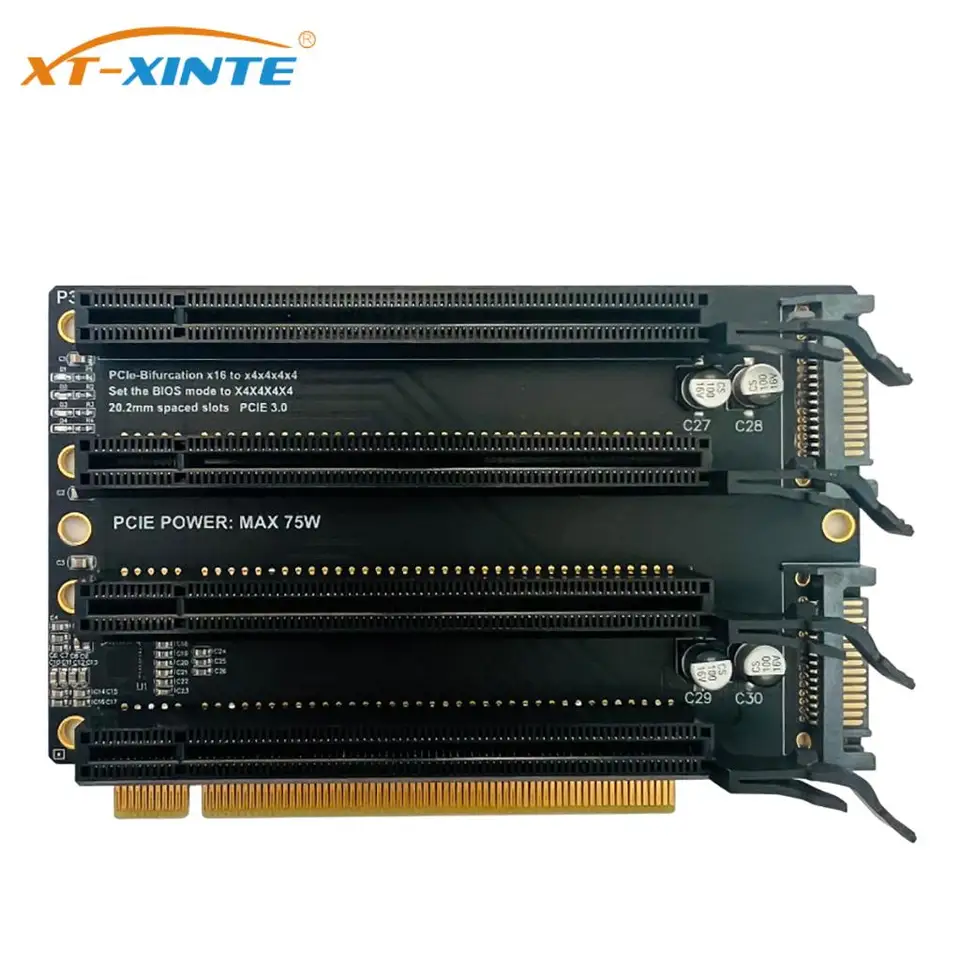 PCIE-BIFURCATION X16 až X4X4X4X4 Expanzívna karta PCI-E PCI-express 3,0 X16 1 až 4 Adapter Card SATA SATA Power Port Split Card