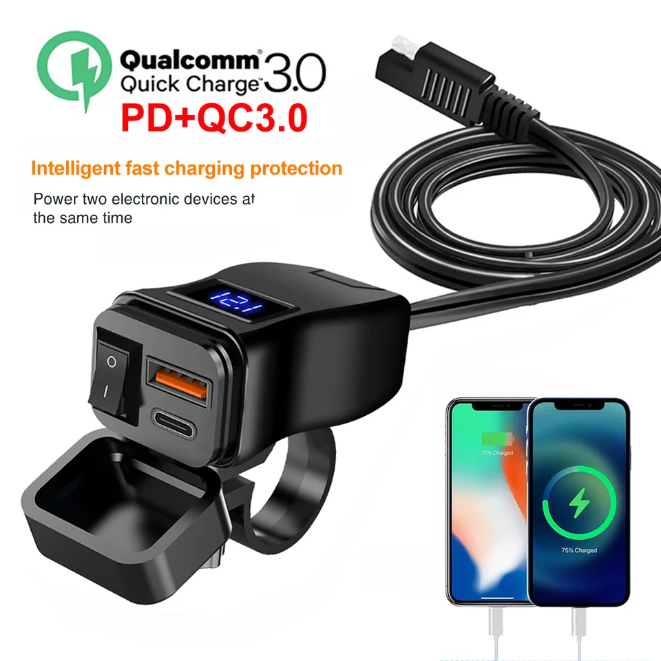 PD Dual QC3.0 Motocykel USB nabíjačka Rýchle nabíjanie pomocou Voltmeter Termometer Digital Display Display Mobile Phone Socket Socket