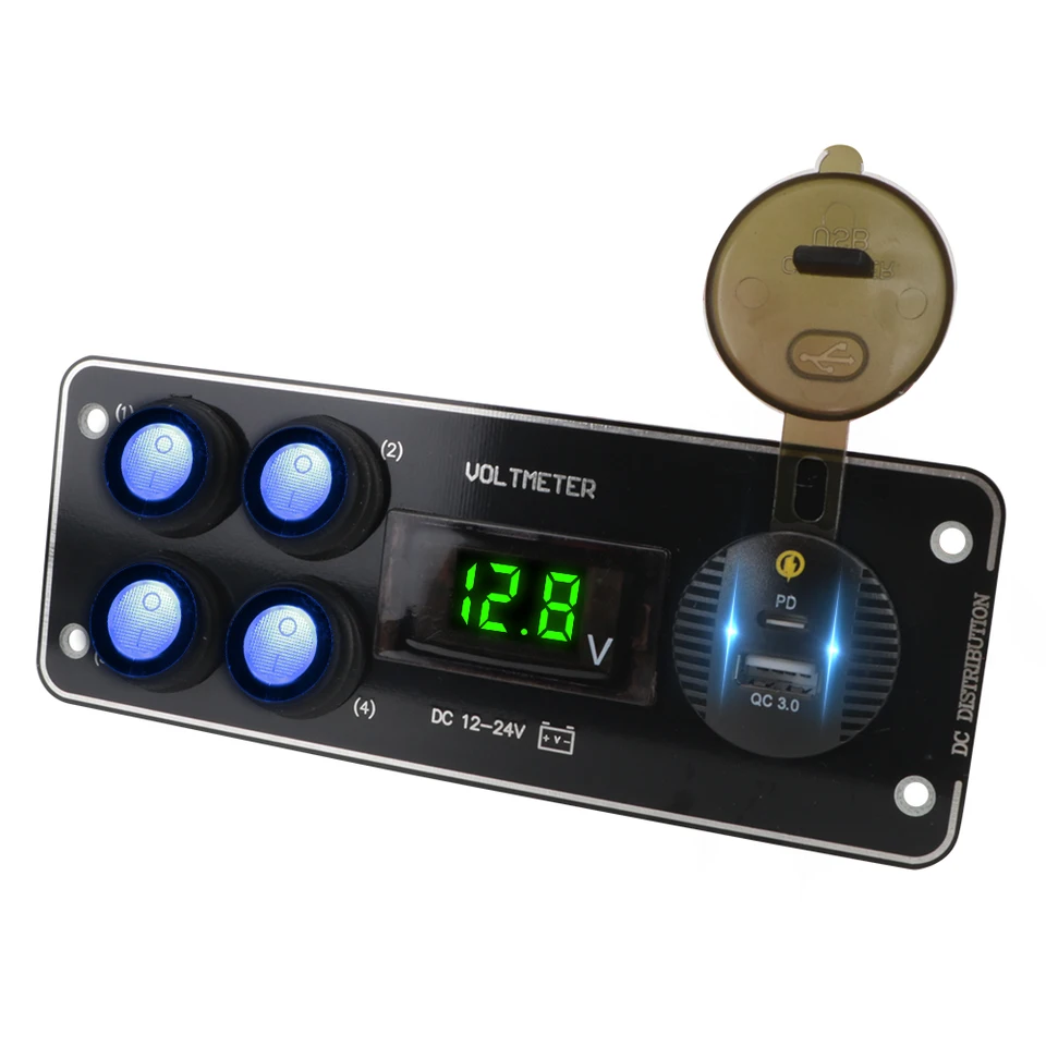 PD prepínací panel PD pre auto RV Truck ATV UTV Camper Caravan 12-24V nabíjanie automobilu Voltmeter QC3.0 4 Gang Switch Panel