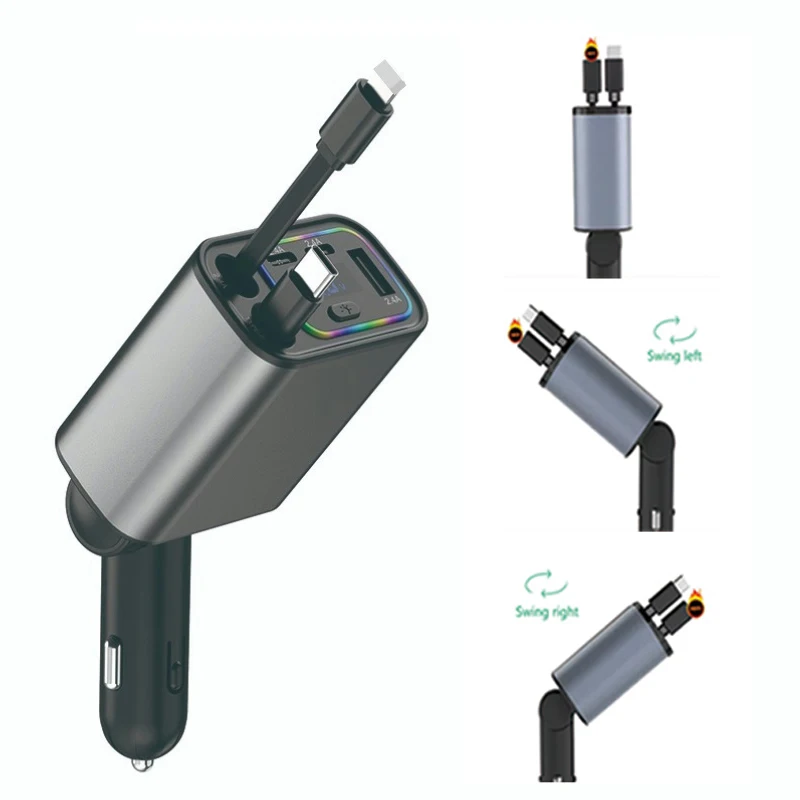 PD+USB TYPE C CAR Rýchle nabíjačka s 2 stiahnuteľnými káblami Telefónne nabíjačka Voltmeter LED DISPALY 5in1 Power Adapter pre iPhone iPad