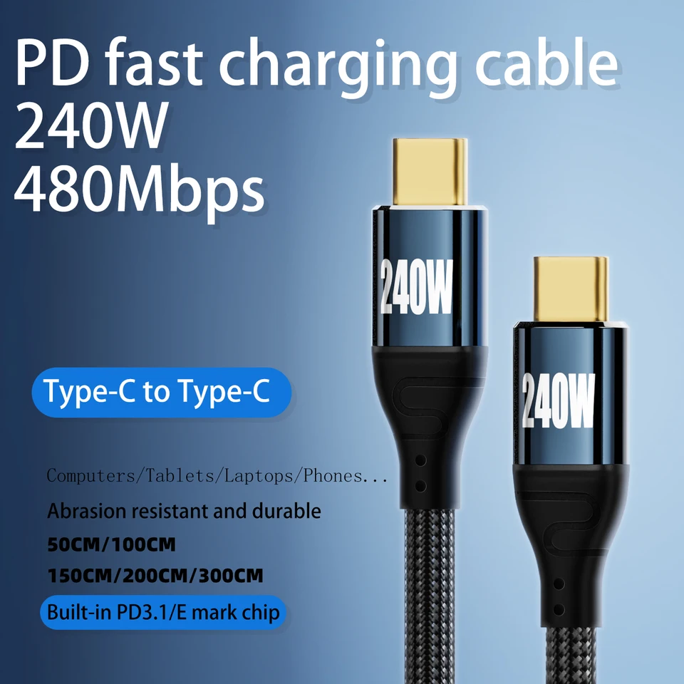 PD240W USB TYP-C Super rýchle nabíjacie dátový kábel 3 metrov predĺžené pre nabíjanie mobilného telefónu pre laptop mobilný telefón