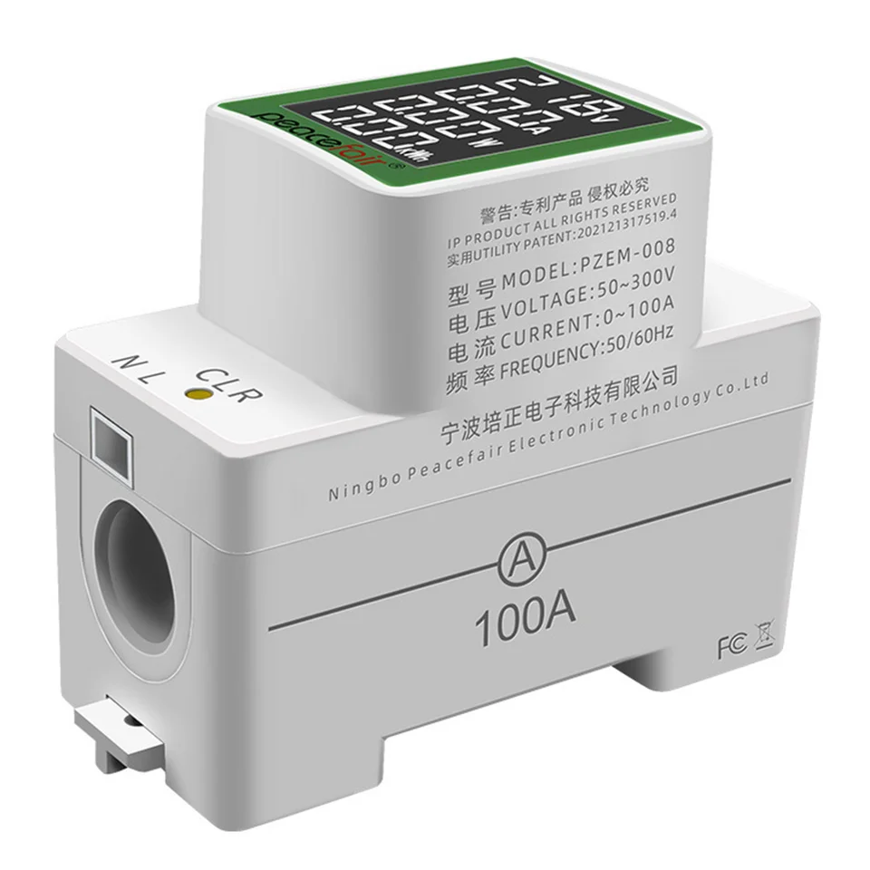 PeaceFair Din Rail Energy Energy Meter Electronic KWH Meter Wattmeter Multi Digital Ammeter Voltmeter AC 50-300V 100A
