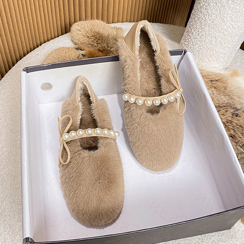 Pearl Ankle Band Mink Fur Flats Ženy 41-43 plus veľkosť Furry Moccasins Round Toe Cotton Lovery Dámske zimné topánky teplej kožušiny