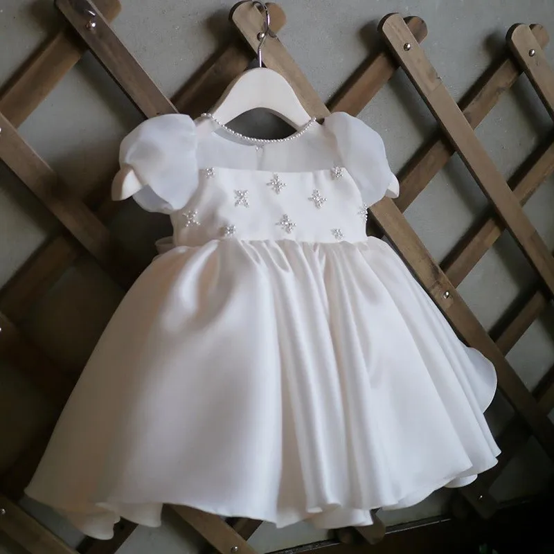 Pearl Baby Svadobné šaty Satin 1 roky narodeninové oslavy batoľa biele dievčatá sviatočné oblečenie 1-8T