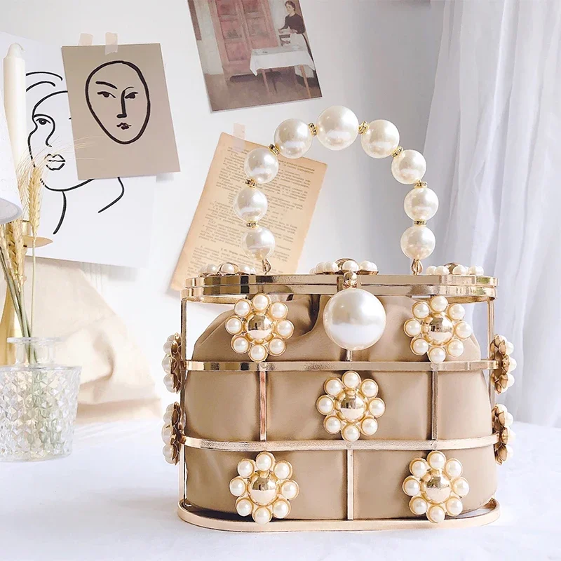 Pearl Basket Evening Clutch Bag Ženy Značka Značka dutiny kvety korálkové kovové spojky