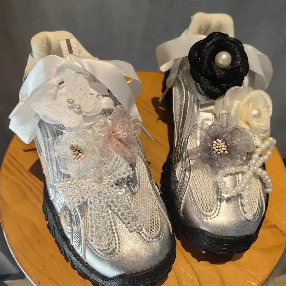 Pearl Bow Shoelaces Flower Rose topánky šnúrky dekorácie sieťové kvetiny organza čipky baletné topánky baletné topánky spony doplnky nové 1ks