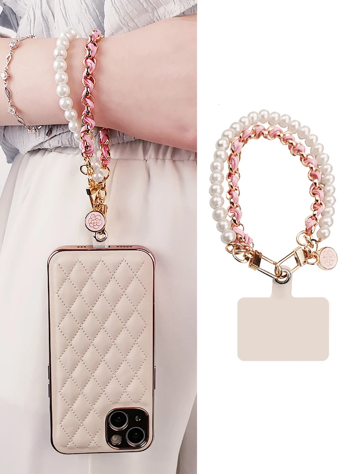 Pearl Camellia Leather Mobile Phone Charm Dámsky náramok pre iPhone Samsung Anti-Lost Universal Universal Mobile Pendant Pendant