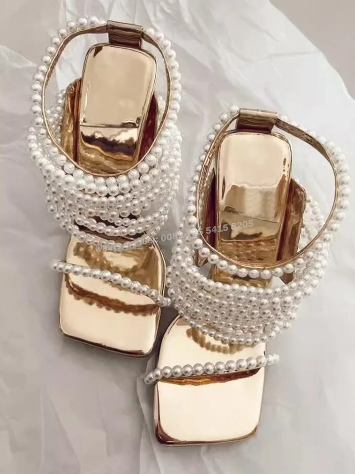Pearl Chain Slip On Slippers Square Toe Toe One Race Stiletto podpätky dámske papuče najnovšie 2024 Party Svadobné topánky Gold Luxus