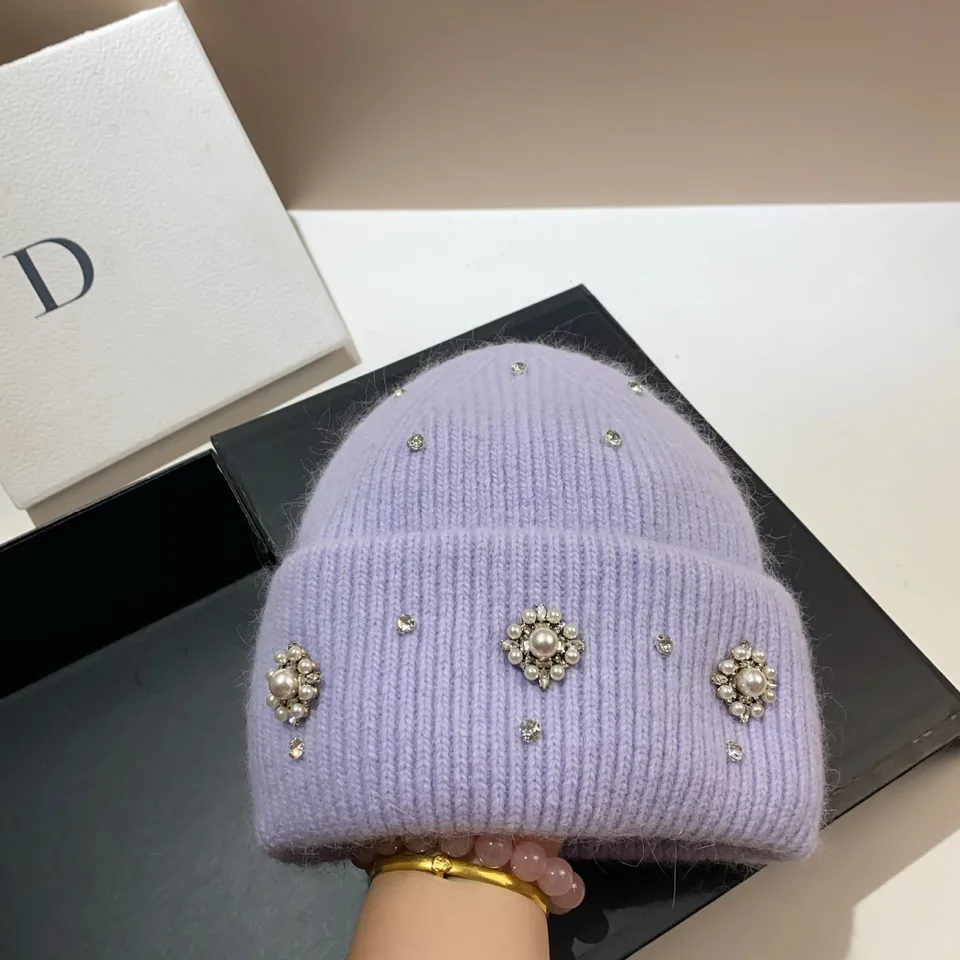 Pearl Dbinestone králičie kožušinové čiapky nadýchané zimné klobúky pre ženy mäkké teplé pletené klobúky čiapky Žena Bonnet pletená čiapka