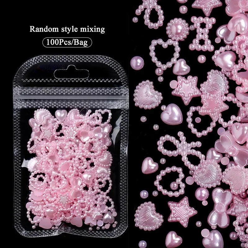 Pearl Pink Bowknot srdiečko v tvare nechtových kúziel pre umenie Flatback 3D kvetinové korálky DIY nechty dekorácie Objemové príslušenstvo Veľkoobchod