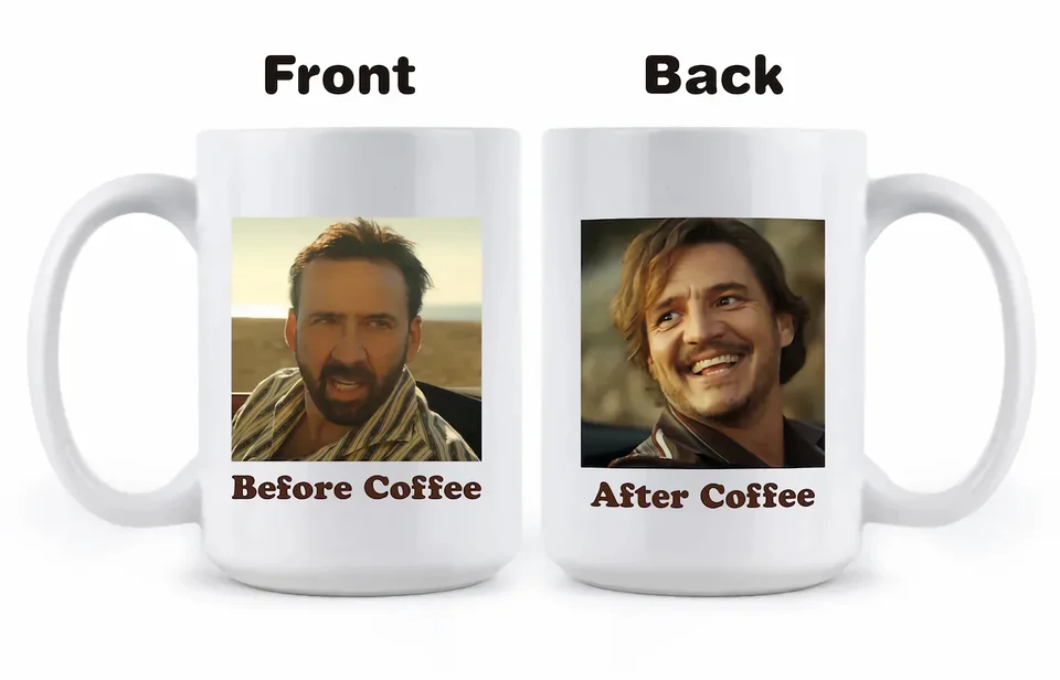 Pedro Pascal Nicolas Cage meme hrnček Fun káva hrnček Pedro Pascal hrnček Nicolas Cage Mug neznesiteľná hmotnosť masívneho hrnčeka talentu