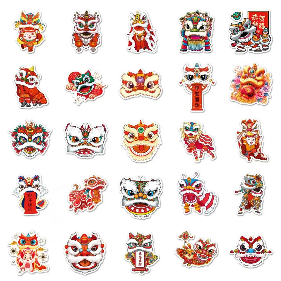 Peel Stick Lion Dance Decals Čínske novoročné nálepky Čínsky tradičný kultúrny trend 50ks leva tanečné nálepky pre notebook