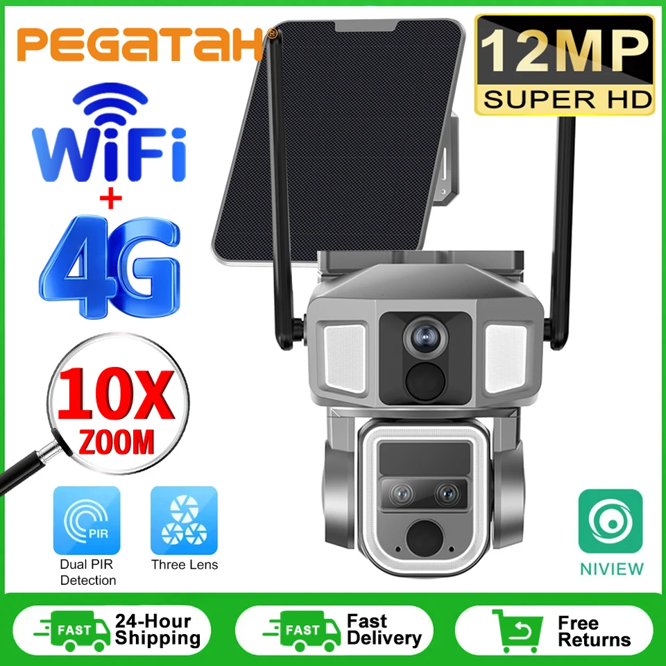 Pegatah 12MP 4G Wireless 10x Zoom Solárna kamera 4K WiFi Tri šošovky Solárny panel Solárny panel Human Detekcia PTZ Security Cam nepremokavá fotoaparát