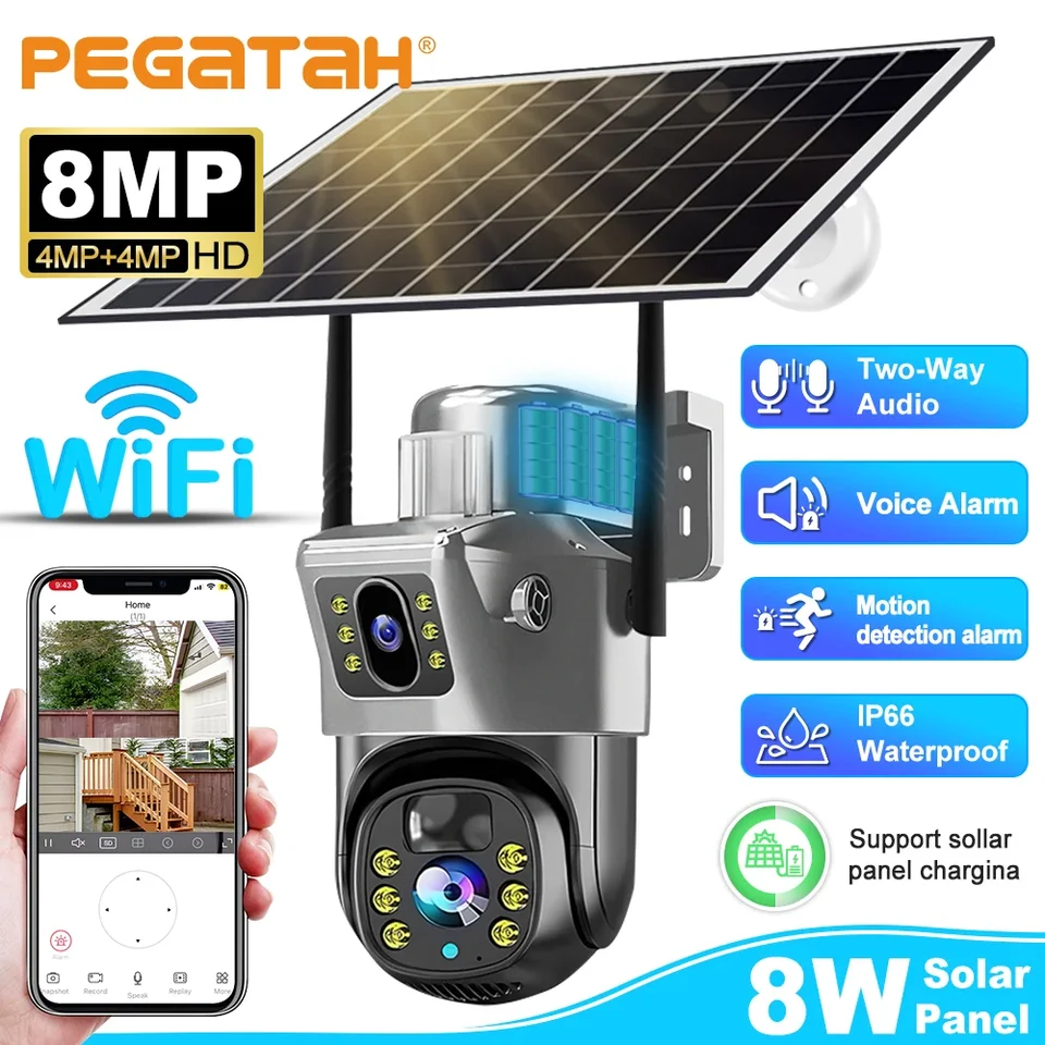 Pegatah 4K 8MP s dvoma obrazovkou Solárna kamera Outdoor Wi -Fi Dual šošovky ochrana ochrany Automatické sledovanie CCTV Cam vstavaná batéria V380