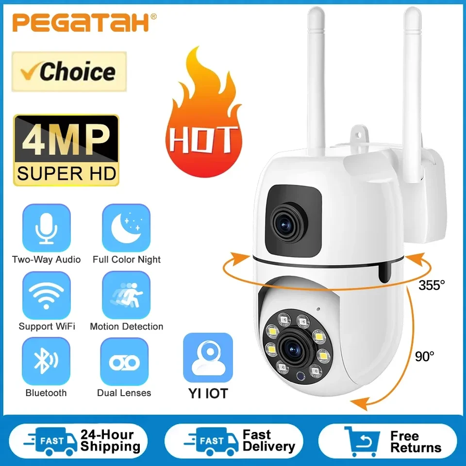 Pegatah 4MP HD WiFi PTZ Duálna šošovka Duálna obrazovka Camera Outdoor Automatické sledovanie bezpečnosť CCTV Sledovanie IP Cam yi IOT