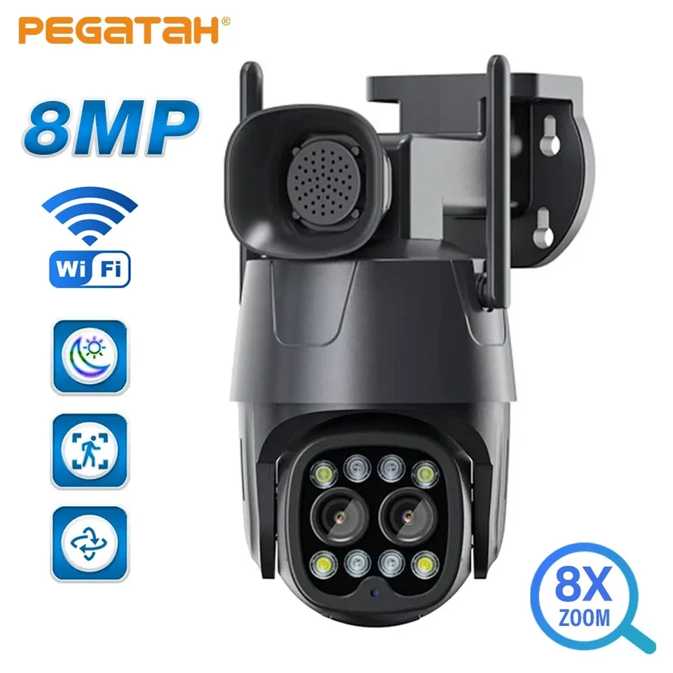 Pegatah New IP Camera WiFi Ptz 8MP Dual Dual Lens 2,8 mm-8 mm 10x Zoom Outdoor AI Human Tracking Color Night Vision Security Camera