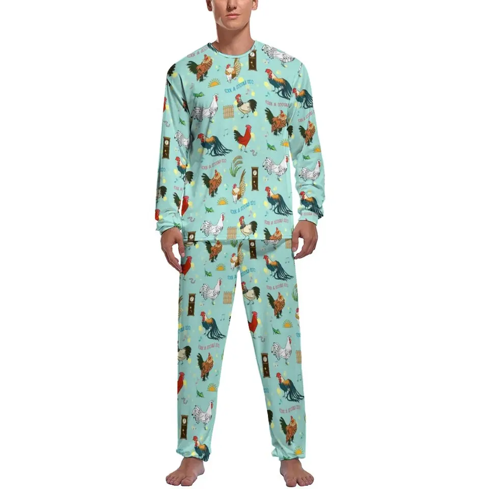 Pekná karikatúra kuracie pyžamy Jeseň Cute Cute Roosters Leisure Nightwear Man 2 kusy dizajn Dlhé rukávy roztomilé pyžamové súpravy
