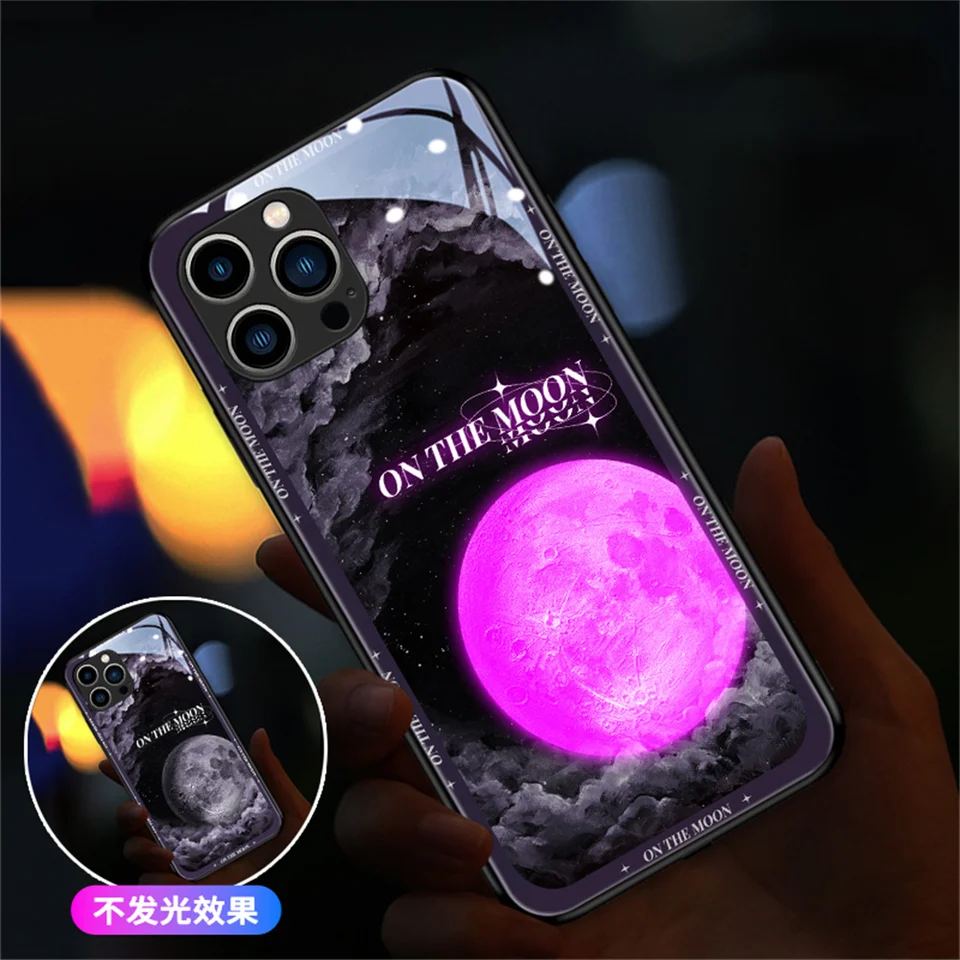 Pekná luna LED svetlo žiara Luminous Temperované sklenené zadné puzdro pre Samsung S24 S23 S22 S21 S20 Fe Poznámka 10 20 plus ultra A54