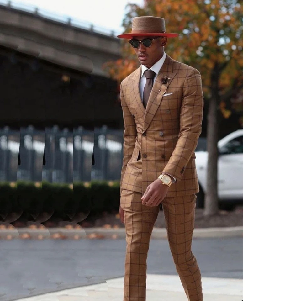 Pekné hnedé kockované obleky pre mužov s dvojitým dojkovaným 2 kusové nohavice Blakovery súpravy Slim Fit Business Banket kostým homme