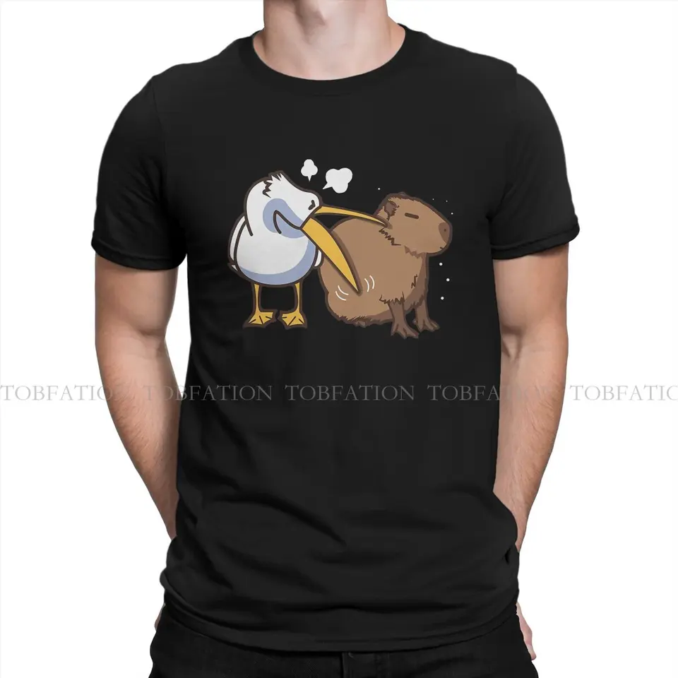Pelikán sa pokúša jesť Capybara Round Collar Trhirt Capybra Animal Pure Cotton Tkanina základné tričko