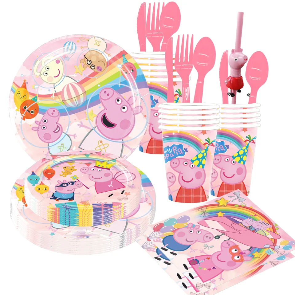 Peppaed Pig všetko najlepšie k narodeninám ružové párty dekorácie Cups Plates Detské balóny Papierové dosky Rodina jednorazového riadu bábätko darček