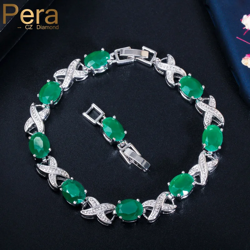 Pera Classic Green Oval Cubic zirkónia spevnená svadba X Tvar Round Link Reťaz náramky pre družičky nevesty Dámske šperky B164