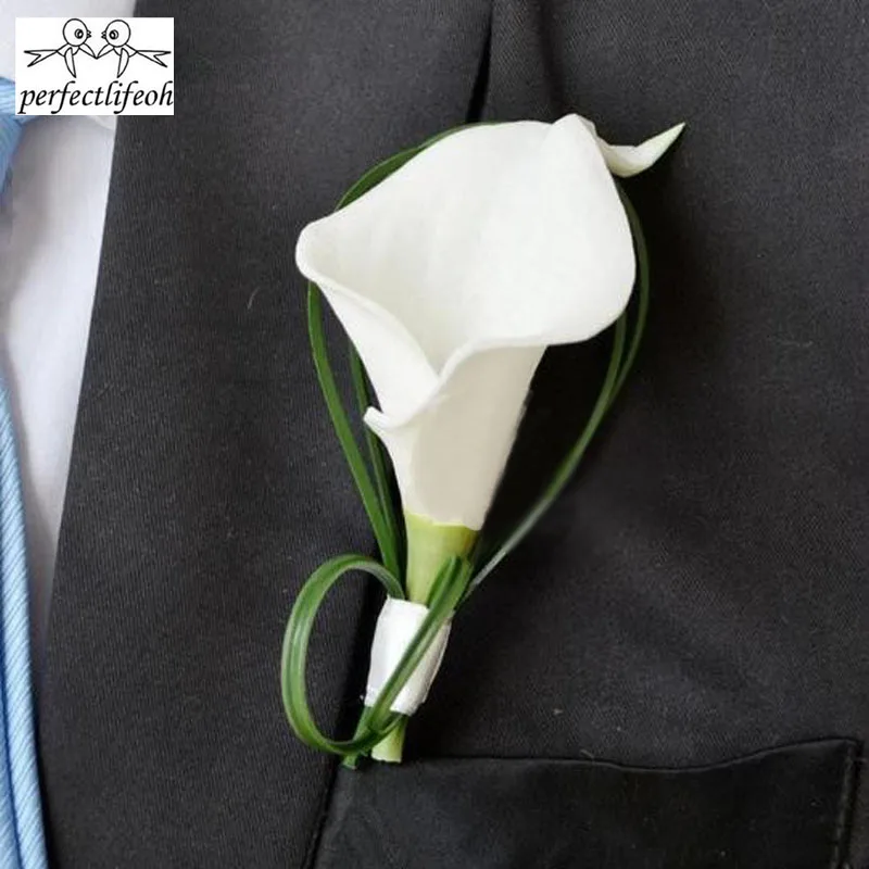 PerfectLifeoh ručne vyrobený biely Calla Lily Flower Corse Groom Groom Svadobný večierok muž boutonniere pin brošň