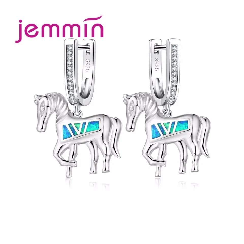 Perfektné 925 Sterling Silver Jewelry Fashion Horse Blue Fire Opal náušnice Dangle náušnice pre ženské párty darček