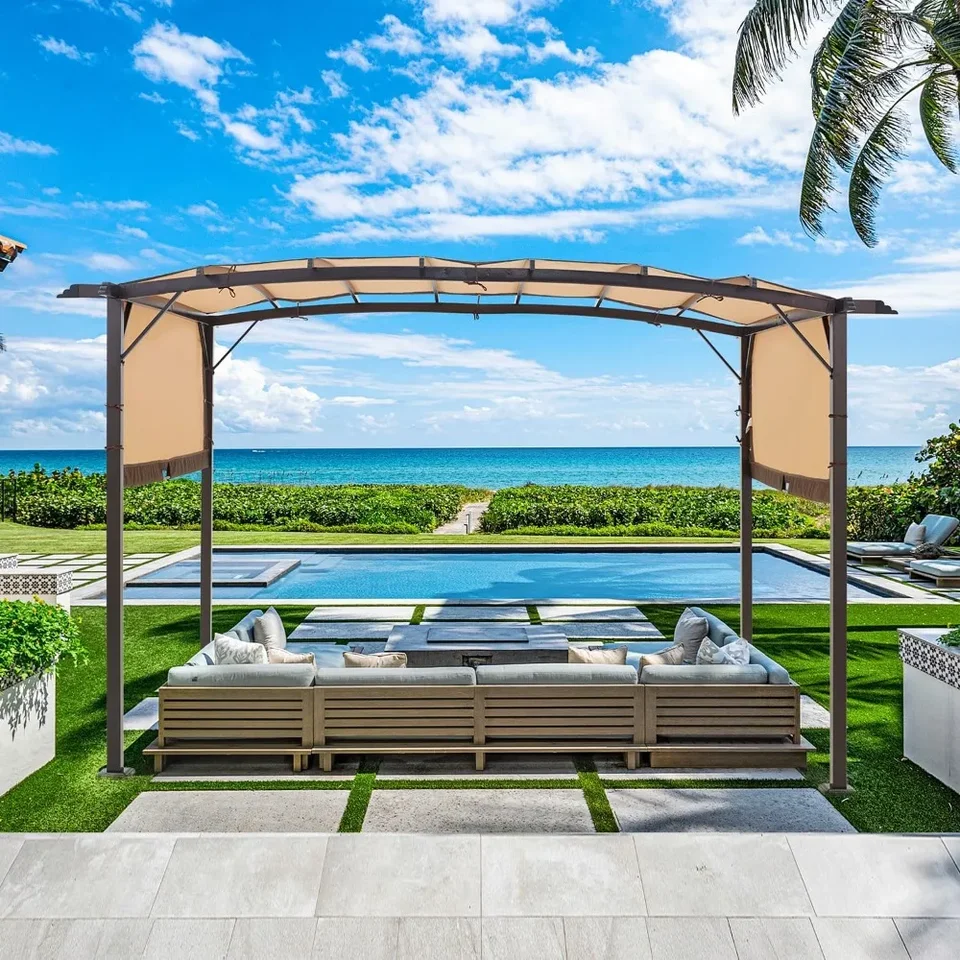 Pergola 9 'x 12' Outdoor Pergola, kovové pergoly a klírens Gazebos, zatiahnuteľný kryt s kolískou so stojanom pre tieň a dážď
