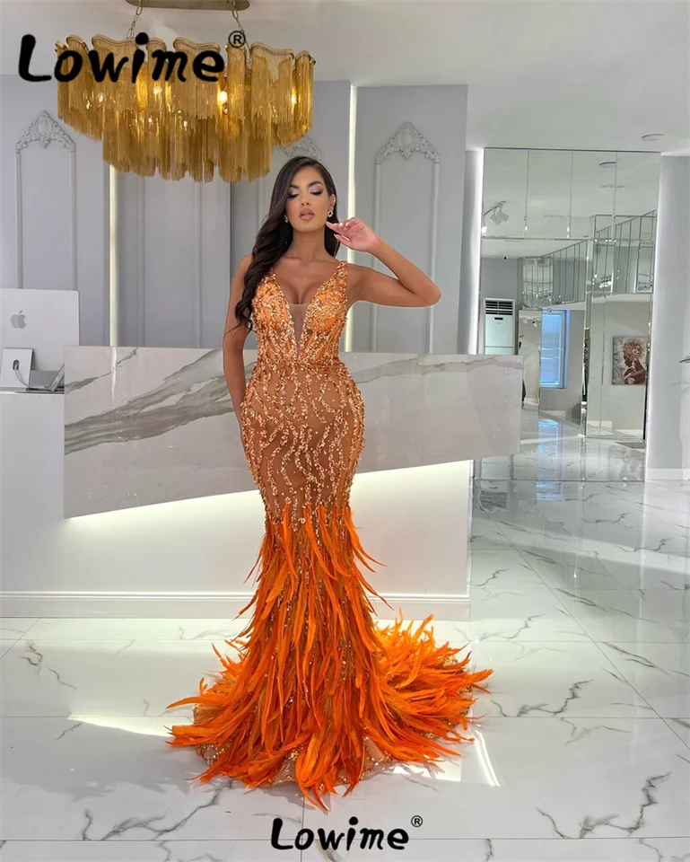 Perie dlhá morská panna oranžové korálky večerné šaty v krk ilúzia sexy celebrity šaty 2023 Prispôsobte si svadobné hostiny plesové šaty