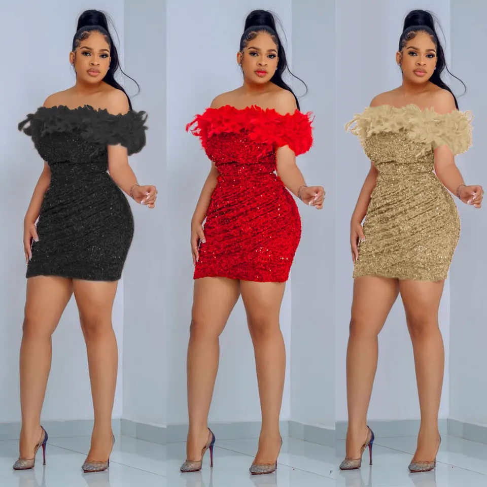 Perie kožušina šitie dámske mini šaty Flifrované z ramena Bodycon Večerné šaty 2024 letné oblečenie sexy klubové párty Vestidos