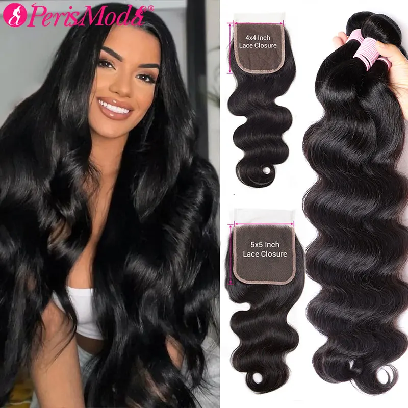 Perismoda Body Wave Body Bundles Bundles s uzatváraním 5x5 priehľadným čipkou brazílsky brazílsky tkajúci predlžovanie ľudských vlasov s uzavretím