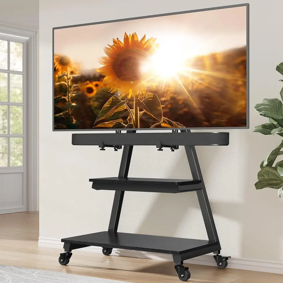 Perlegear Mobile TV stojan s držiakom Soundbar, stojan na valcovanie podlahovej televízie s kolesami pre 43-80  televízorov až do 132 libier, mobilný televízny košík
