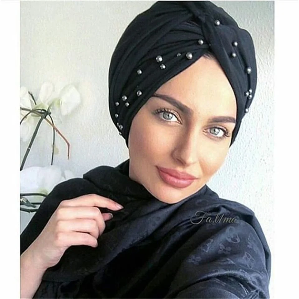 Perly korálky Ženy krížom Twist Turban Cap Soft Jersey Cotton Headscarf Bonnet Žena Vnútorné hidžáby klobúk Turbante Mujer