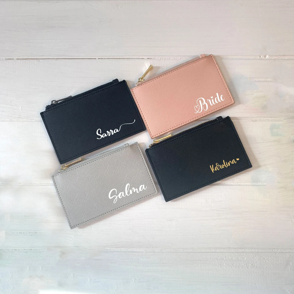 Personalizovaná kožená držiteľ kreditnej karty Custom Slim Mini Card Bag Anniversary Svadobné družičky Darčeky pre jej meno vyryté