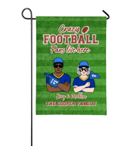 Personalizovaná vlajka záhrady, blázniví futbaloví fanúšikovia, žijú tu, vlajka futbalového páru