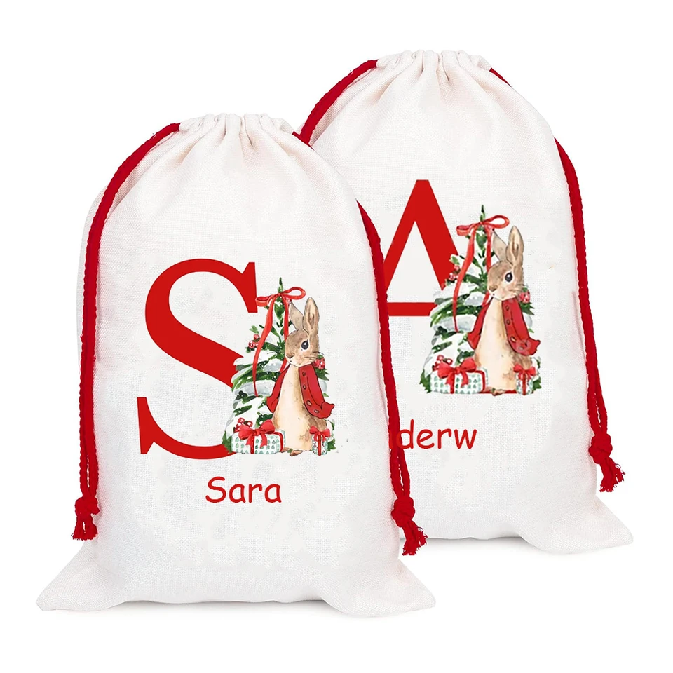 Personalizované meno a počiatočné Santa Claus Sack Rabbit Rabbit Christmas Stocking Merry Viano