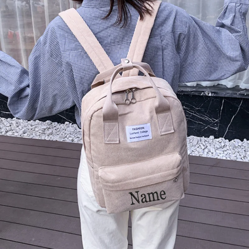 Personalizované meno dievča pruhované zamatové vreckové batoh všestranný umelecký retro corduroy ženská študentská školská taška