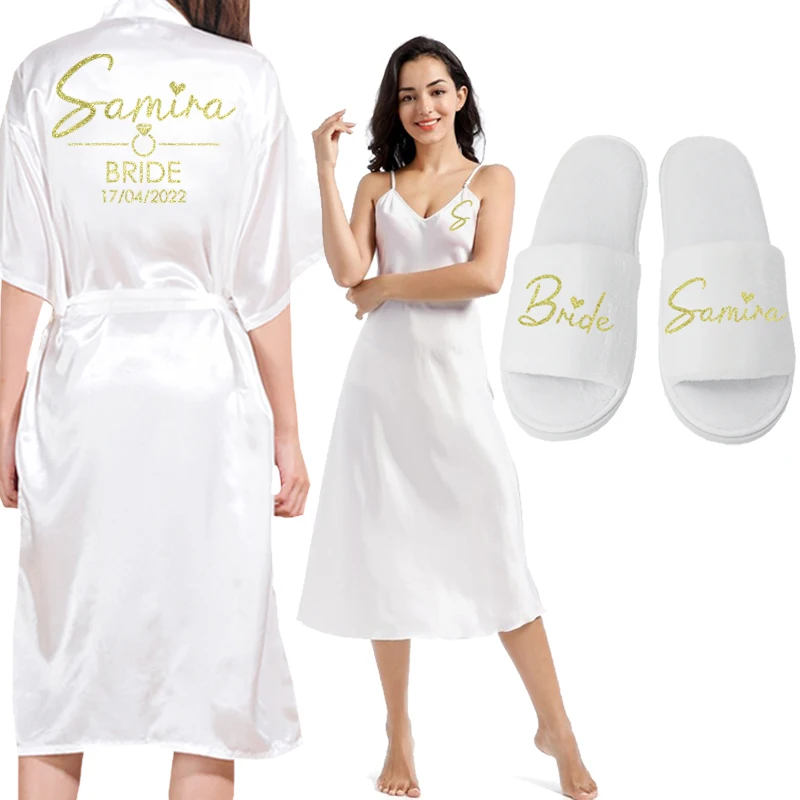 Personalizované meno logo svadobné rúcho nočná košeľa Set ženský satén Kimono spánok