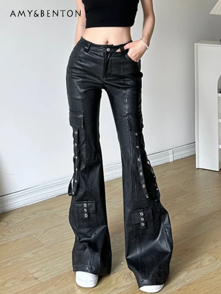 Personalizované ulica horúce dievča Y2K Rižné vreckové kožené nohavice subkultúra Gothic High Pase Slim Black Straight Pants Ženy