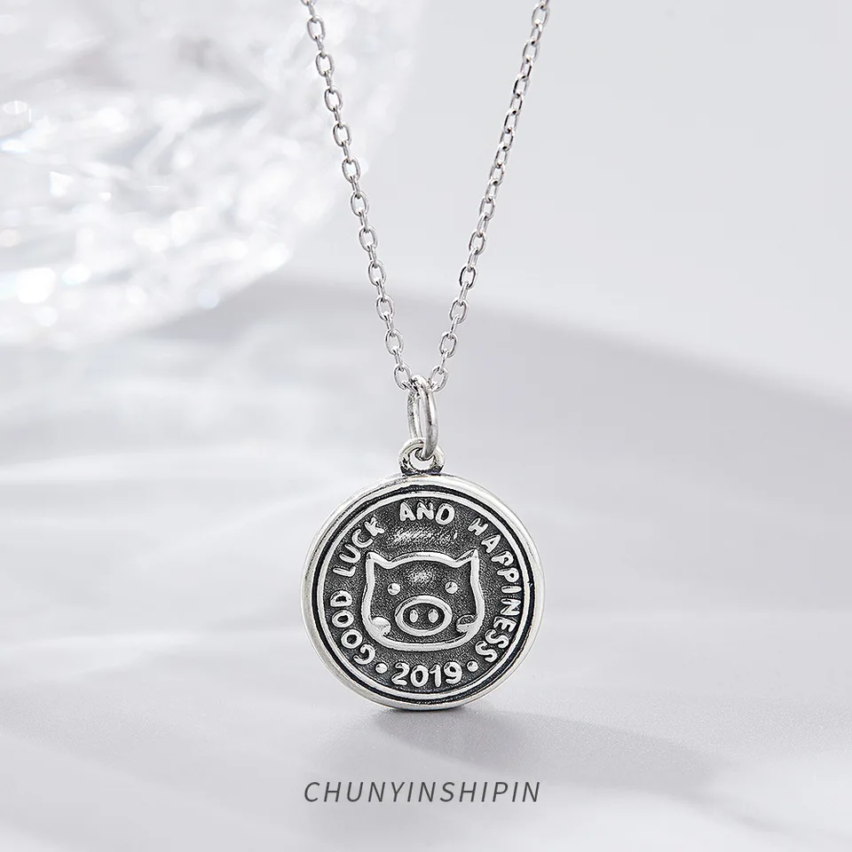 Personalizované vinobranie ošípané okrúhle náhrdelník S925 Sterling strieborný hip-hop čínsky charakter Veľa šťastia mincové kosti reťaz žien