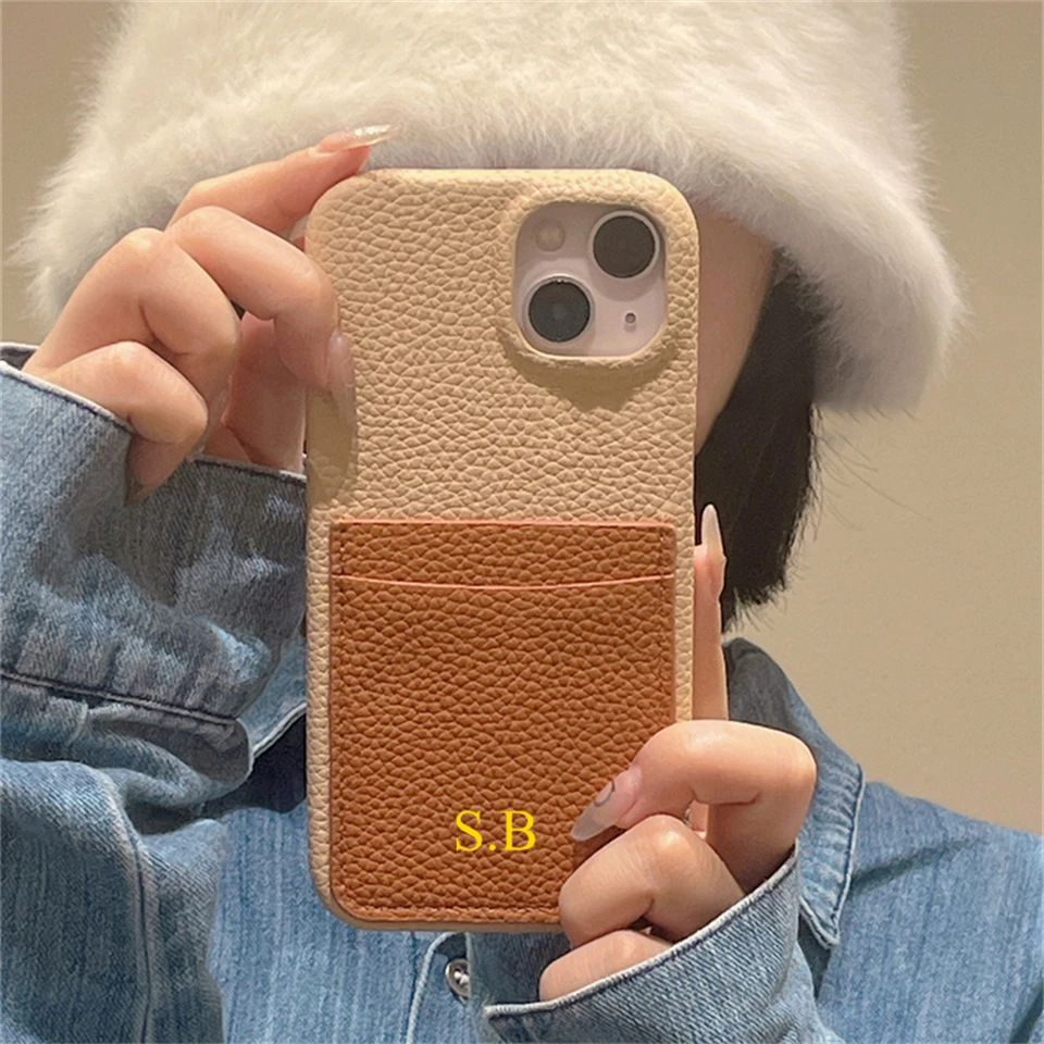 Personalizovaný prispôsobený názov Letter Držiteľ kože držiteľ karta puzdro pre iPhone 15 14 13 12 12 Pro Max 11 Retro Shockproof Cover Funda
