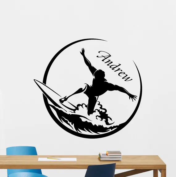 Personalizovaný vlastný názov surfer surfovanie športových nálepiek na stenu Vinyl Art Surfing na mori Extreme Sport Wall nástenná maľba domov Decory-947