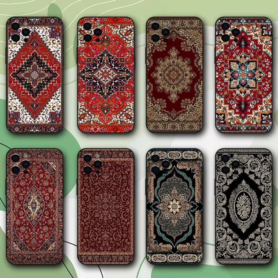 Perzský kvetinový kvetinový vzor telefónu pre iPhone 15,14,13,12,11, Pro, X, XS, Max, XR, Plus, Mini Soft Black Cover
