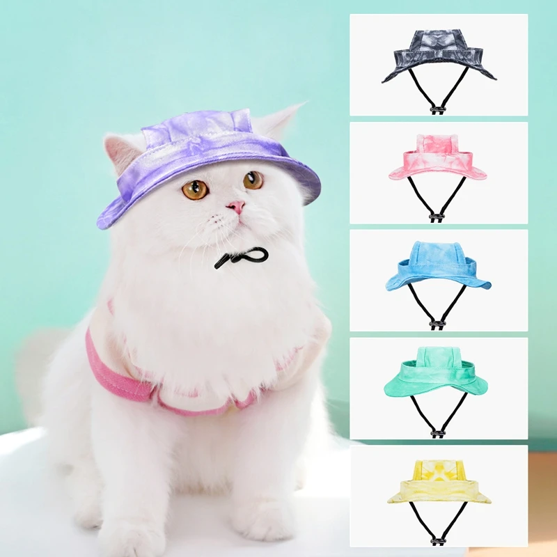 Pes Cat Sun Hat Anti-Peling Uši nastaviteľné lano ružky vedro čiapka mačka malé exponované ušné klobúky módne kitte šteniatka čiapky